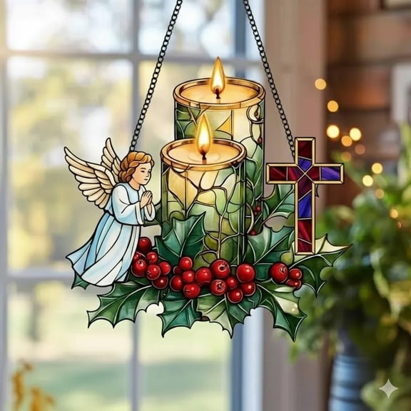 Angel Candle Cross Acrylic Suncatcher, Christian Christmas Ornament, Christian Xmas Window Decor, Religious Faith Gift,Holy Light Home Decor