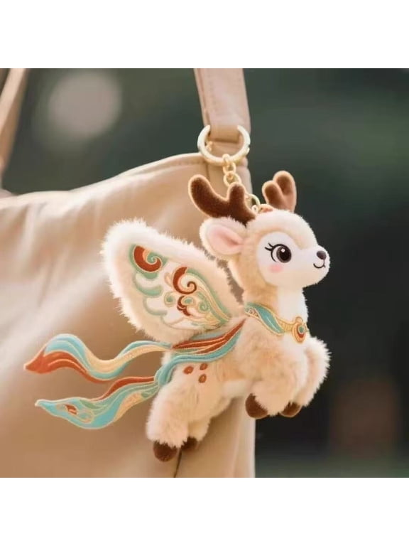 Angel Cat Keychain, Plush Flying Kitty with Embroidered Wings and Cloud Ribbon, Soft Bag Ornament for Backpack Purse, Cute Collectible Gift for Cat Lovers