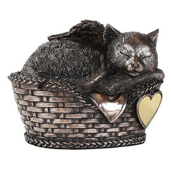 Angel Cat Sleeping in Basket Cremation Urn Bronze Finish Bottom Load 30 Cubic Inch Pet Memorial