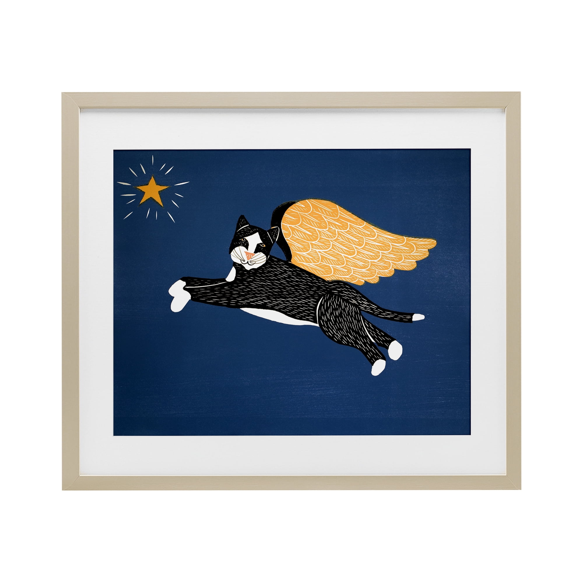 Angel Cat with Star Birch Framed Print Under Glass, design by Stephen Huneck
