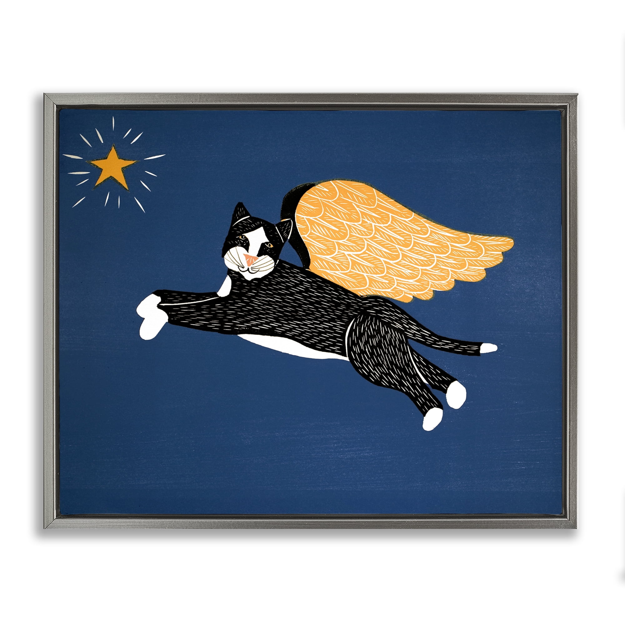 Angel Cat with Star Gray Framed Floater Canvas Wall Art, design by Stephen Huneck