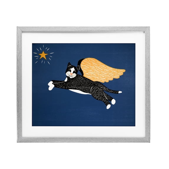 Angel Cat with Star Gray Framed Print Under Glass, design by Stephen Huneck