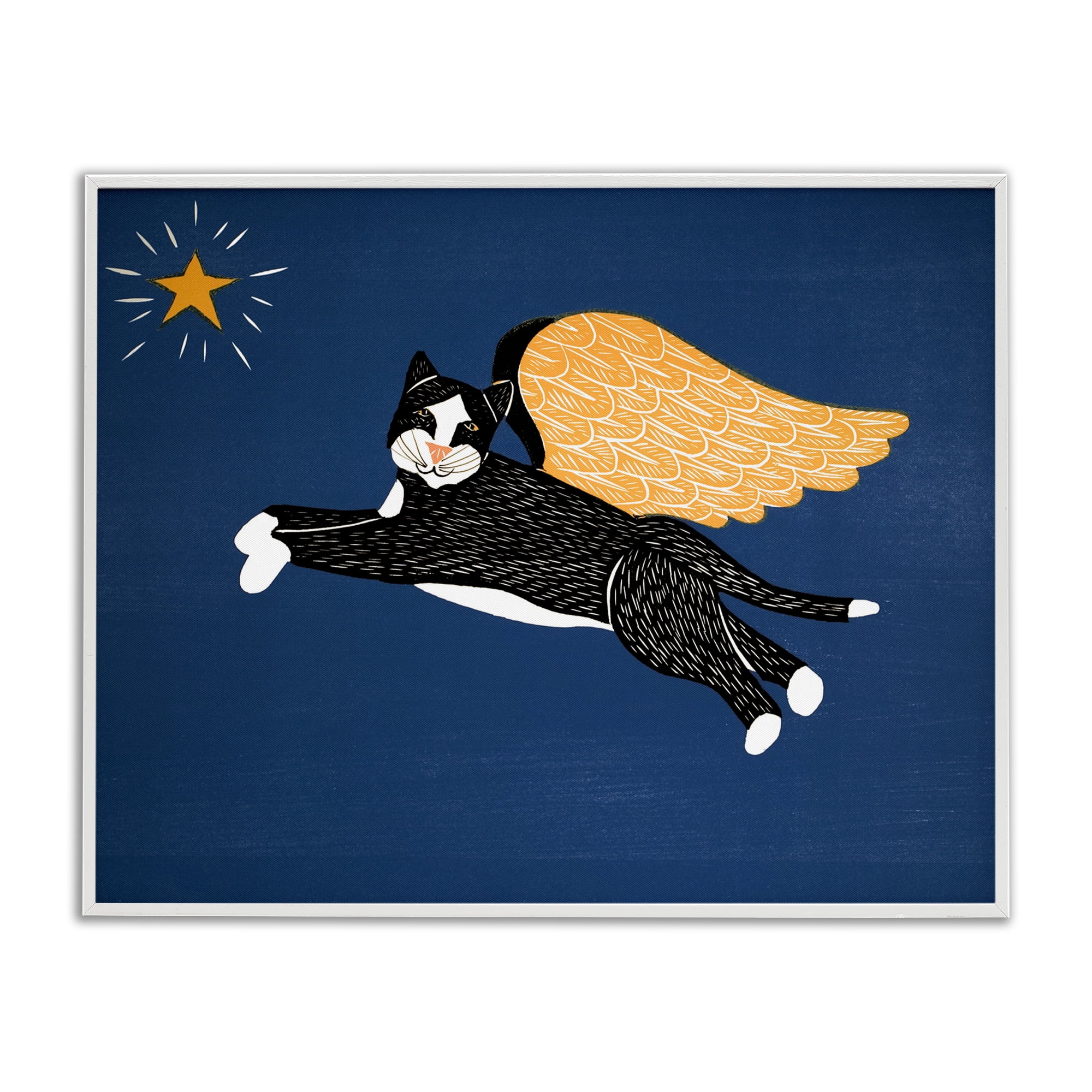 Angel Cat with Star White Framed Giclee Art, design by Stephen Huneck