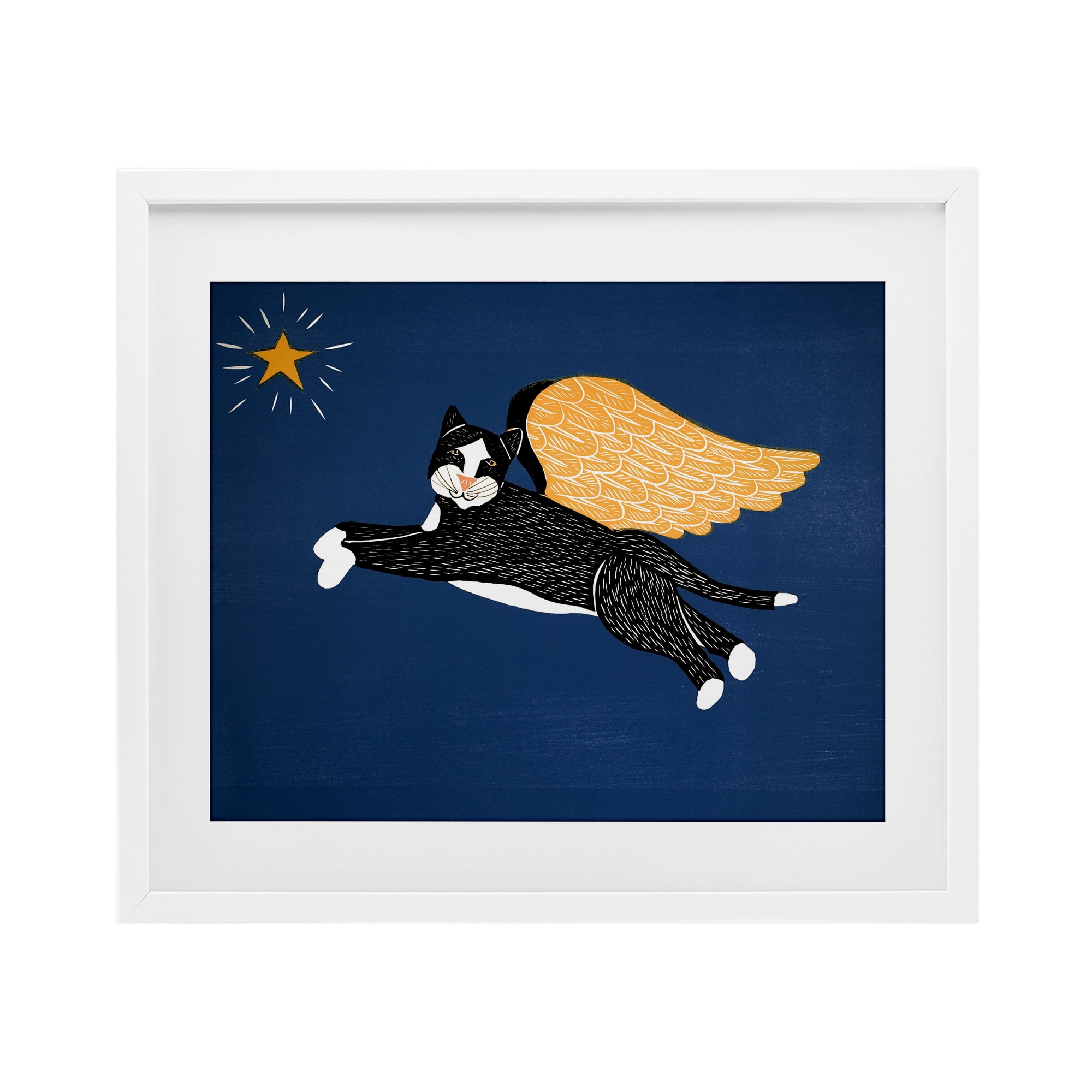 Angel Cat with Star White Framed Print Under Glass, design by Stephen Huneck