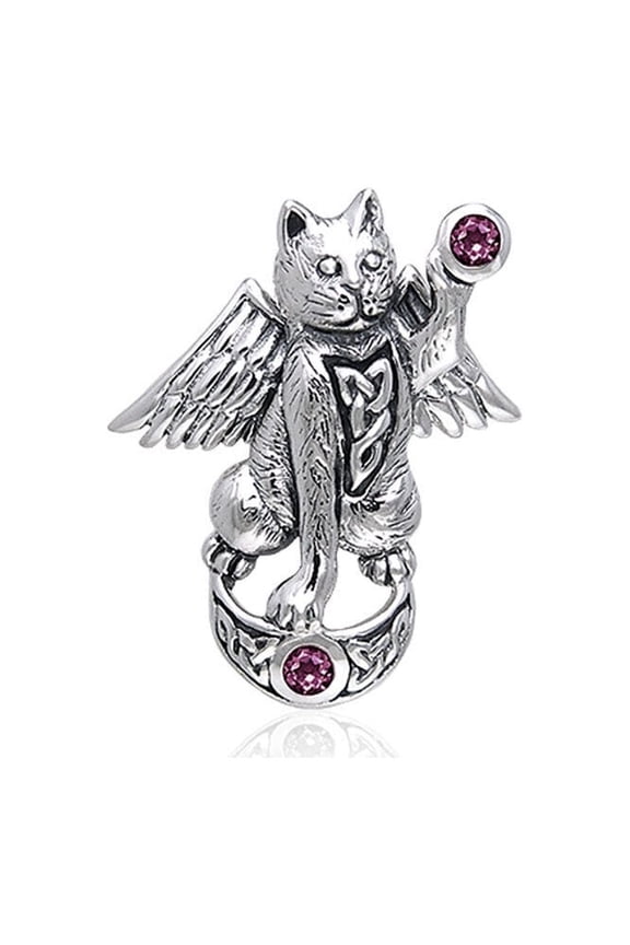 Angel Celtic Moon Cat Pendant 925 Sterling Silver Choice of Gemstone Jewelry