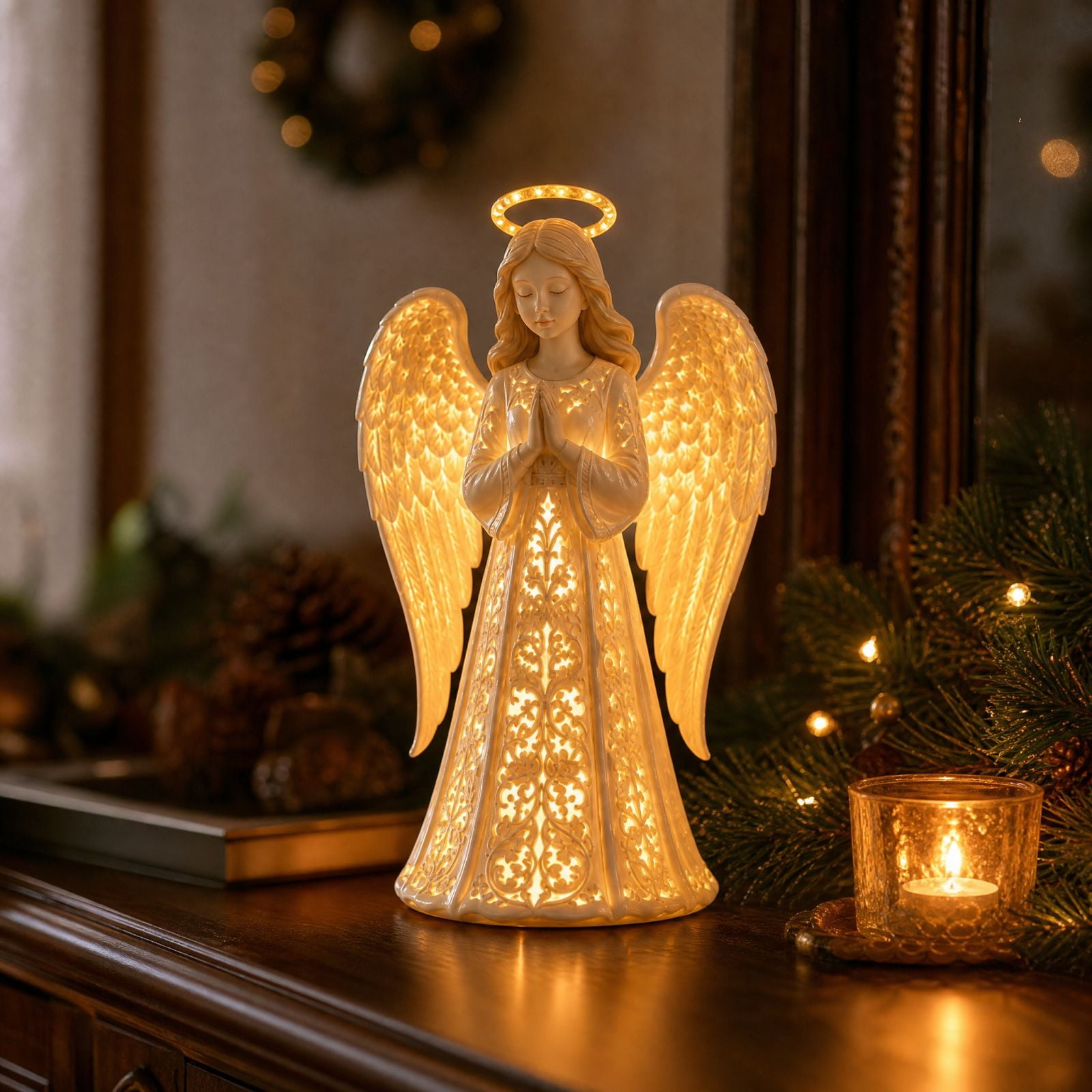 Angel Christmas Guardian Light, Symbol of Hope Love Protection Praying Figurine with Warm Golden Glow, Keepsake Statue for Grandma, LED Tabletop Decor, Memorial Night Lamp