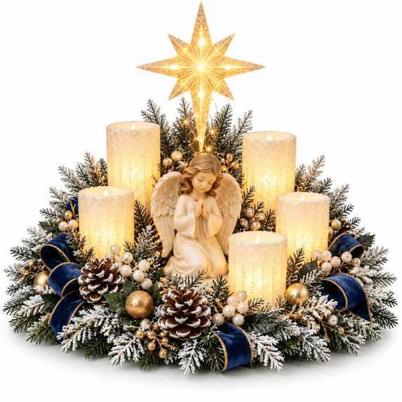 Angel Christmas Lighted Centerpiece with Flameless Candle Glow, Christmas Decoration with Frosted Greenery, Red Berries & Pinecones, Perfect for Home Tabletop & Holiday Gift, 10.6" x 11.8"