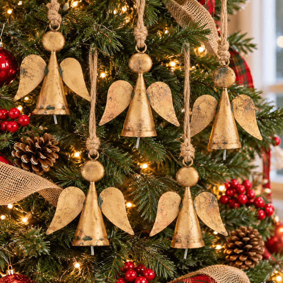 Vivanta Angel Bell Christmas Ornaments, 4.5 Inch, Pack of 5, Rustic Gold Metal Hanging Guardian Figurines with Jute Rope, Farmhouse Vintage Decor for Tree, Wreath, Mantel, Fireplace