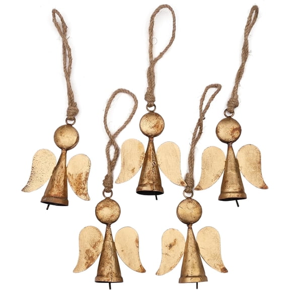 Vivanta Angel Christmas Ornaments Rustic Gold Hanging Guardian Angel Figurines with Bells & Jute Rope Set of 5