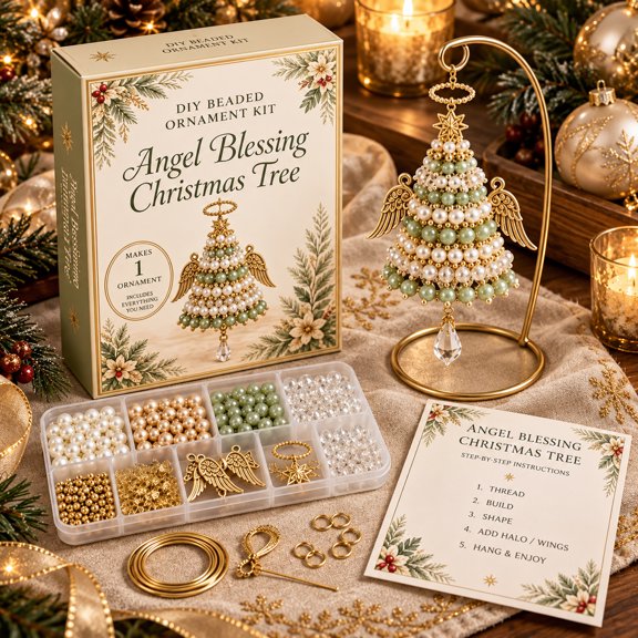 Angel Christmas Tree Beaded Ornament Kit, DIY Pearl and Sage Green Beading Craft Kit with Gold Angel Wings Halo and Crystal Drop, Make Your Own Hanging Ornament, Holiday Craft Gift for Adults Teens