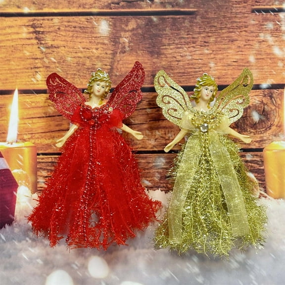 Angel Christmas Tree Topper,Mini Angel Christmas Tree Topper, Angel Treetop with anging Rope Portable for Christmas Decorations Xmas Tree Ornament(Red A 10*4in)