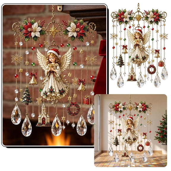 Angel Christmas Window Sun Catcher, Acrylic Stained Glass Style Crystal Prism Light Catcher Hanging Ornament, Winged Angel Wall Decor for Porch Window Holiday Xmas Decoration