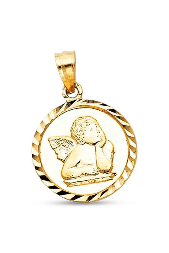 Angel Coin Pendant 14k Yellow Gold Solid Round Medallion Charm Christian Design Genuine 15 x 15 mm