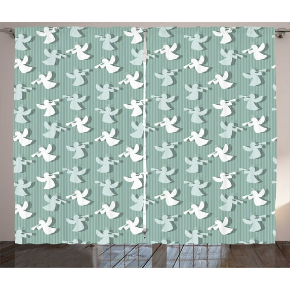 Ambesonne Striped Curtains 2 Panel Set, Xmas Silhouettes Striped, 108" x 84", Pale Almond Green and White