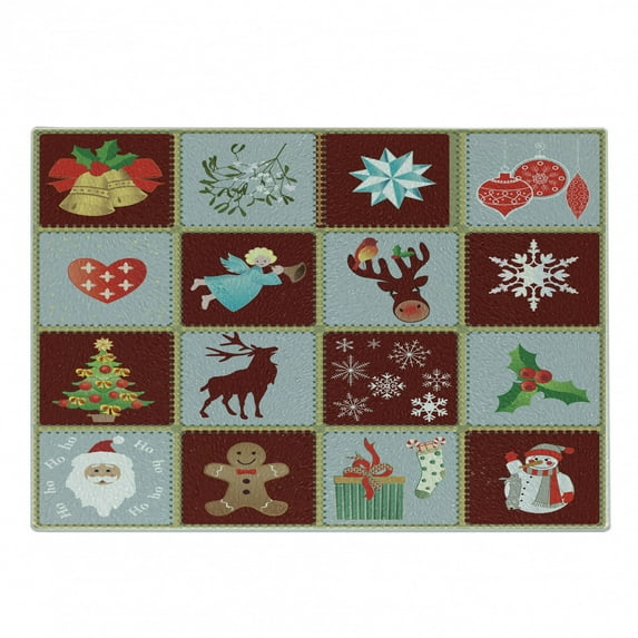 Angel Cutting Board, Christmas Tree Reindeers Noel Santa Presents Snowman Pine Tree Traditional, Decorative Tempered Glass Cutting and Serving Board, Small Size, Burgundy Blue Grey, by Ambesonne