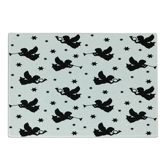 Angel Cutting Board, Cupid with Trumpets Angels Sky Stars Xmas Season Yule Celebration Art, Decorative Tempered Glass Cutting and Serving Board, Small Size, Black White, by Ambesonne