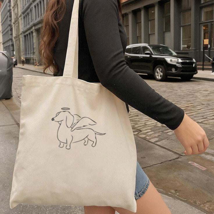 Dachshund Canvas Tote Bag - 15x15 Inch Reusable Shoulder Bag With 8" Handles, Cute Dog Print For Shopping & Beach
