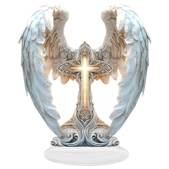 Angel Desktop Art Statue, Christian Angel Wings Cross Decoration, Gracefully Wings Wrap Around Desk Decor, Acrylic Angel with Glowing Wings, Decor for Office, Bedroom, Living Room