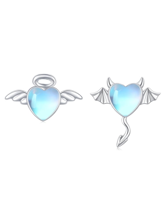 Angel Devil Earrings S925 Sterling Silver Halloween Stud Earrings Moonstone Earrings for Women Asymmetrical Earrings Monster Post Earrings Hypoallergenic Angel Devil Jewelry Gift
