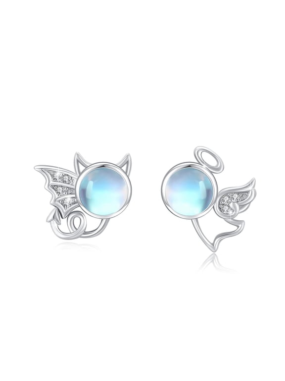 Angel And Devil Earrings Silver, Moonstone Earrings Angel Evil Stud Hypoallergenic Moonstone Jewellery Wedding Christmas Birthday Gift for Women Sister Friend Mom Wife
