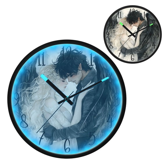 Angel Devil Luminous Wall Clock with Sound-Activated LED 12-Inch Silent Acrylic Timepiece for Bedroom Livingroom or Office