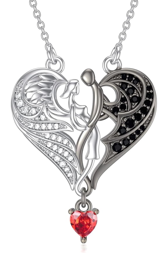 Angel and Devil Necklace, 925 Sterling Silver Angel Demon Hugs Asymmetrical Necklace Inlaid with Red Heart Crystal on Anniversary, Holiday, Birthday Gifts for Women