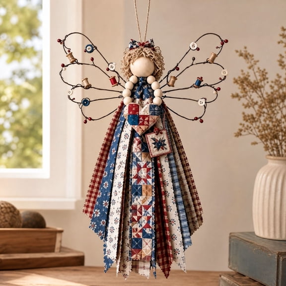 Angel Fabric Hanging DIY Kit, Craft Kit Macrame Angel Wall Weaving Craft HandMade, Rustic Decor, Fabric, Lace, Ribbons, Wood Beads and Wire Wings for Crafting, Rustic Farmhouse Christmas Home Decor