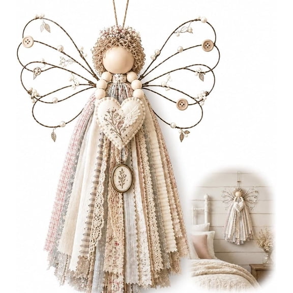 Angel Fabric Hanging DIY Kit, HandmadeAngel Ornament Craft Kit, Macrame Wall Weaving Craft, Precut Fabrics & Buttons to Create Layered Wings,BeginnerAngel Doll Making Kit