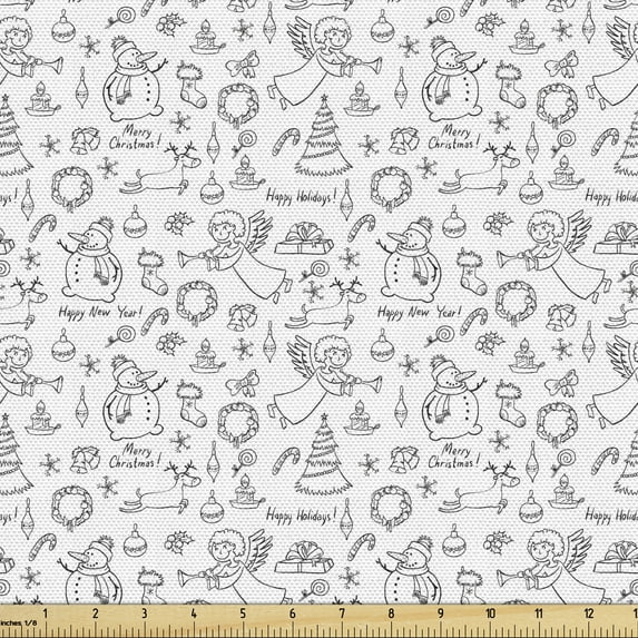 Ambesonne Xmas Theme Fabric by the Yard Upholstery, Christmas Outlines Art, 2 Yards, White and Grey