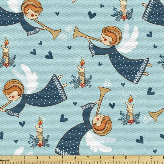 Ambesonne Holiday Theme Fabric by the Yard Upholstery, Xmas Lady Trumpet, 2 Yards, Pale Blue Orange