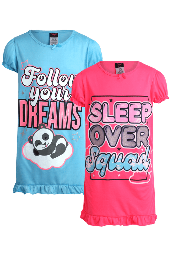 Girls Nightgown - 2 Pack Soft Short Sleeve Graphic Sleep Dress & Girls Nightgowns (6-14)