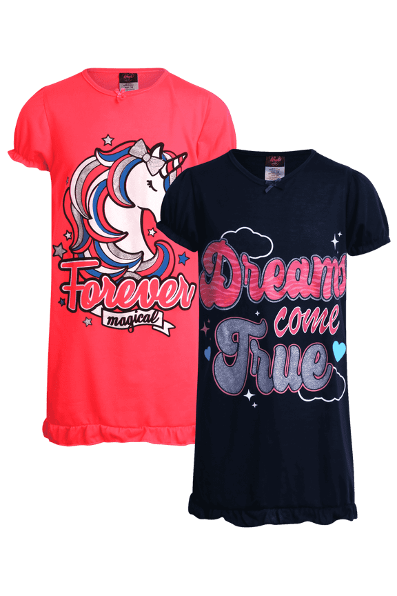 Girls Nightgown - 2 Pack Soft Short Sleeve Graphic Sleep Dress & Girls Nightgowns (6-14)