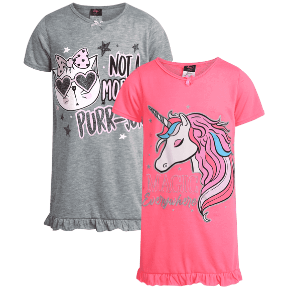 Angel Face Girls Nightgowns Soft Cozy Breathable Graphic Sleepshirts Dress for Girls 2 Pack