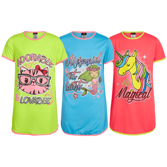 Angel Face Girls Night Gown - 3 Pack Short Sleeve Night Gown for Girls - Cozy Kids Pajama Gown (6-14)