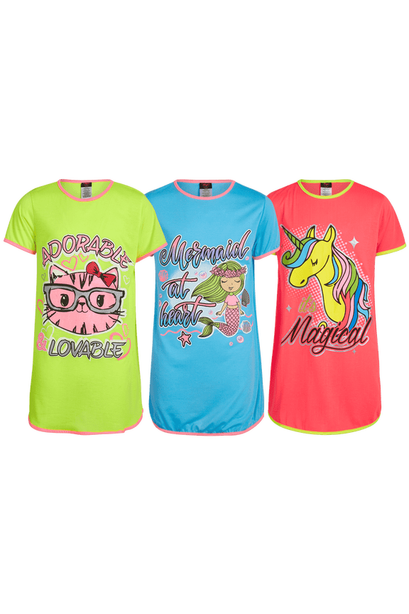 Girls Night Gown - 3 Pack Short Sleeve Night Gown for Girls - Cozy Kids Pajama Gown (6-14)