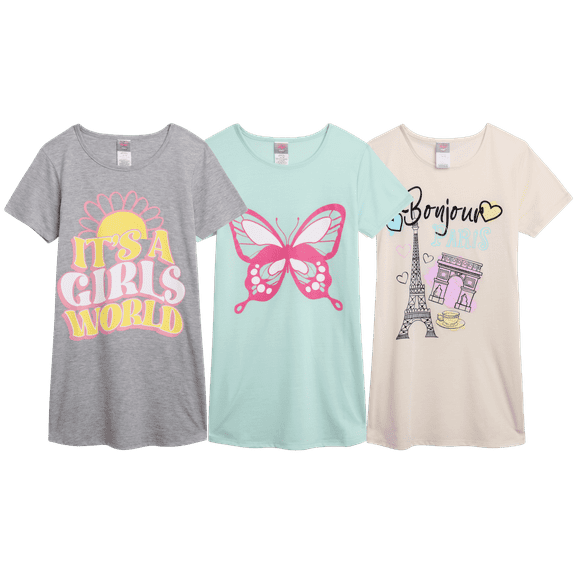 Angel Face Girls Night Gown - 3 Pack Short Sleeve Night Gown for Girls - Cozy Kids Pajama Gown (6-14)