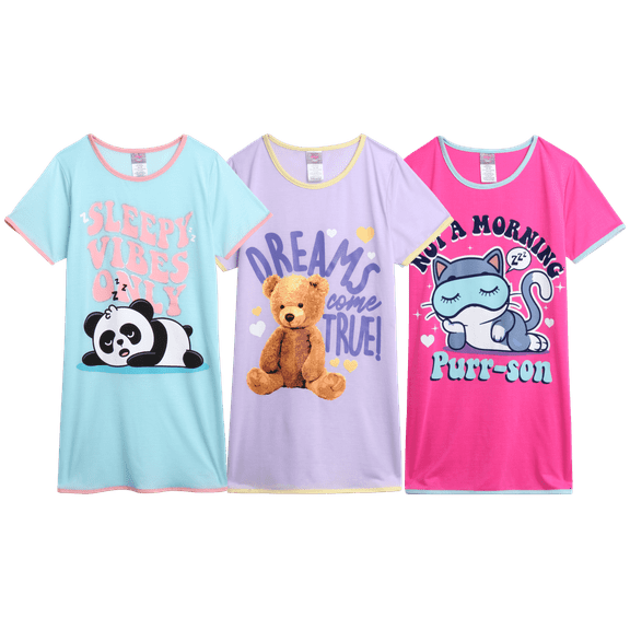 Angel Face Girls Nightgowns - 3 Pack Short Sleeve Girls Pajamas Shirts Night Dress Set (Sizes 8-14)