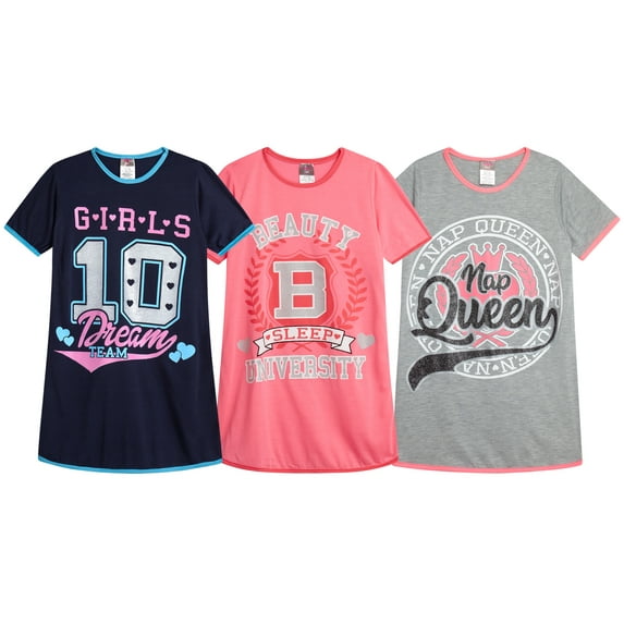 Angel Face Girls Nightgowns - 3 Pack Short Sleeve Girls Pajamas Shirts Night Dress Set (Sizes 8-14)