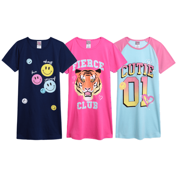 Angel Face Girls Nightgowns - 3 Pack Short Sleeve Girls Pajamas Shirts Night Dress Set (Sizes 8-14)