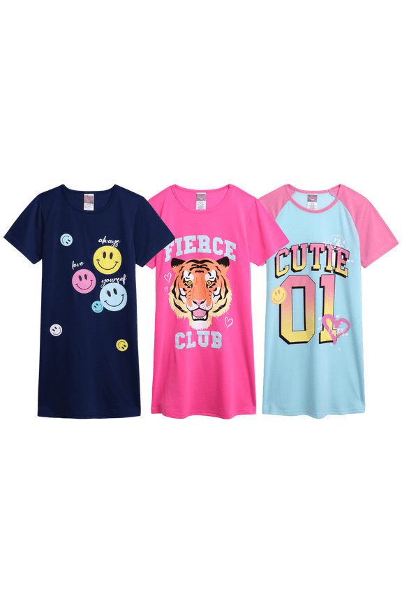 Girls Night Gown - 3 Pack Short Sleeve Night Gown for Girls - Cozy Kids Pajama Gown (6-14)