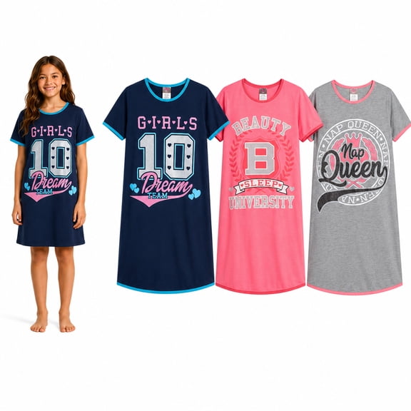 Angel Face Girls Nightgowns Cozy Soft Short Sleeve Nightgown Girls Sleep Dress Pajamas 3 Pack