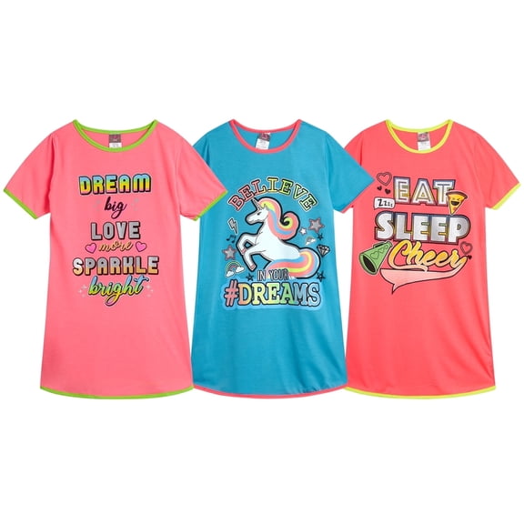 Angel Face Girls Night Gown - 3 Pack Short Sleeve Night Gown for Girls - Cozy Kids Pajama Gown (6-14)