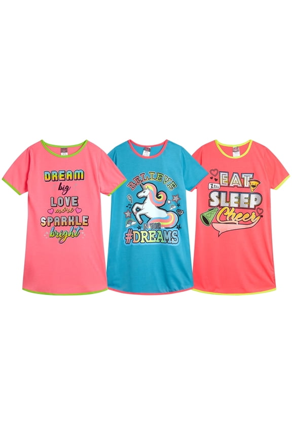 Girls Night Gown - 3 Pack Short Sleeve Night Gown for Girls - Cozy Kids Pajama Gown (6-14)