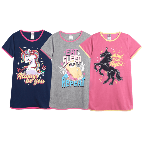 Angel Face Girls Night Gown - 3 Pack Short Sleeve Night Gown for Girls - Cozy Kids Pajama Gown (6-14)