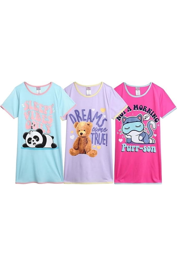Girls Night Gown - 3 Pack Short Sleeve Night Gown for Girls - Cozy Kids Pajama Gown (6-14)