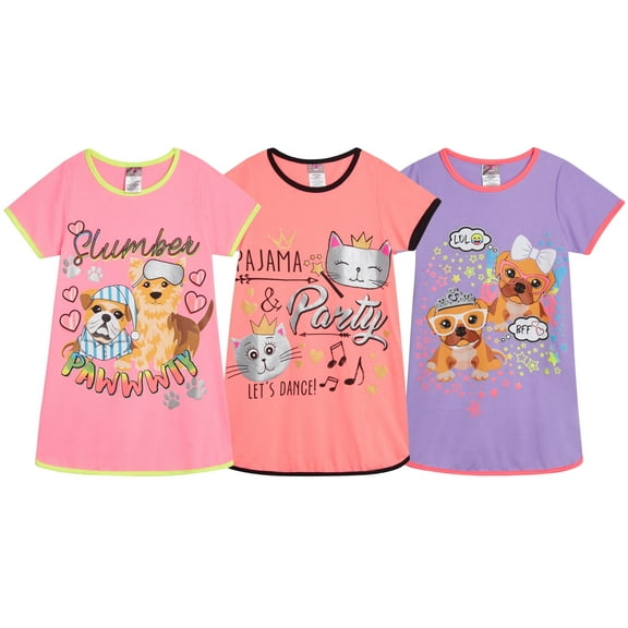 Angel Face Girls Night Gown - 3 Pack Short Sleeve Night Gown for Girls - Cozy Kids Pajama Gown (6-14)