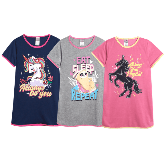 Angel Face Girls Nightgowns - 3 Pack Short Sleeve Girls Pajamas Shirts Night Dress Set (Sizes 8-14)