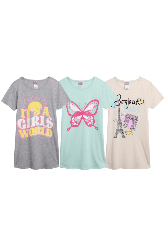 Girls Nightgowns - 3 Pack Short Sleeve Girls Pajamas Shirts Night Dress Set (Sizes 8-14)