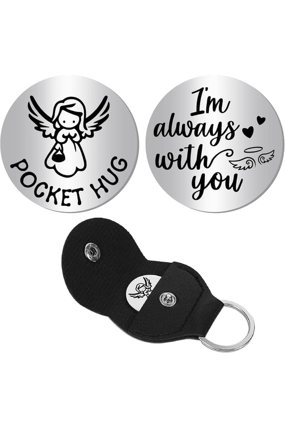 Angel & Fairy Little Pocket Hug Token Round Pocket Hug Double-Sided Message Engraved Souvenir PU Leather Keychain Stainless Steel Long Distance Relationship Commemorative Coin 1.2 x 1.2Inch