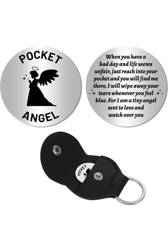 Angel Fairy Pocket Hug Token Long Distance Relationship Keepsake Token Engraved Double Sided Pocket Token Commemorative Coin Sign with PU Keychain for Friends Encouragement Gift 1.2x1.2Inch Silver